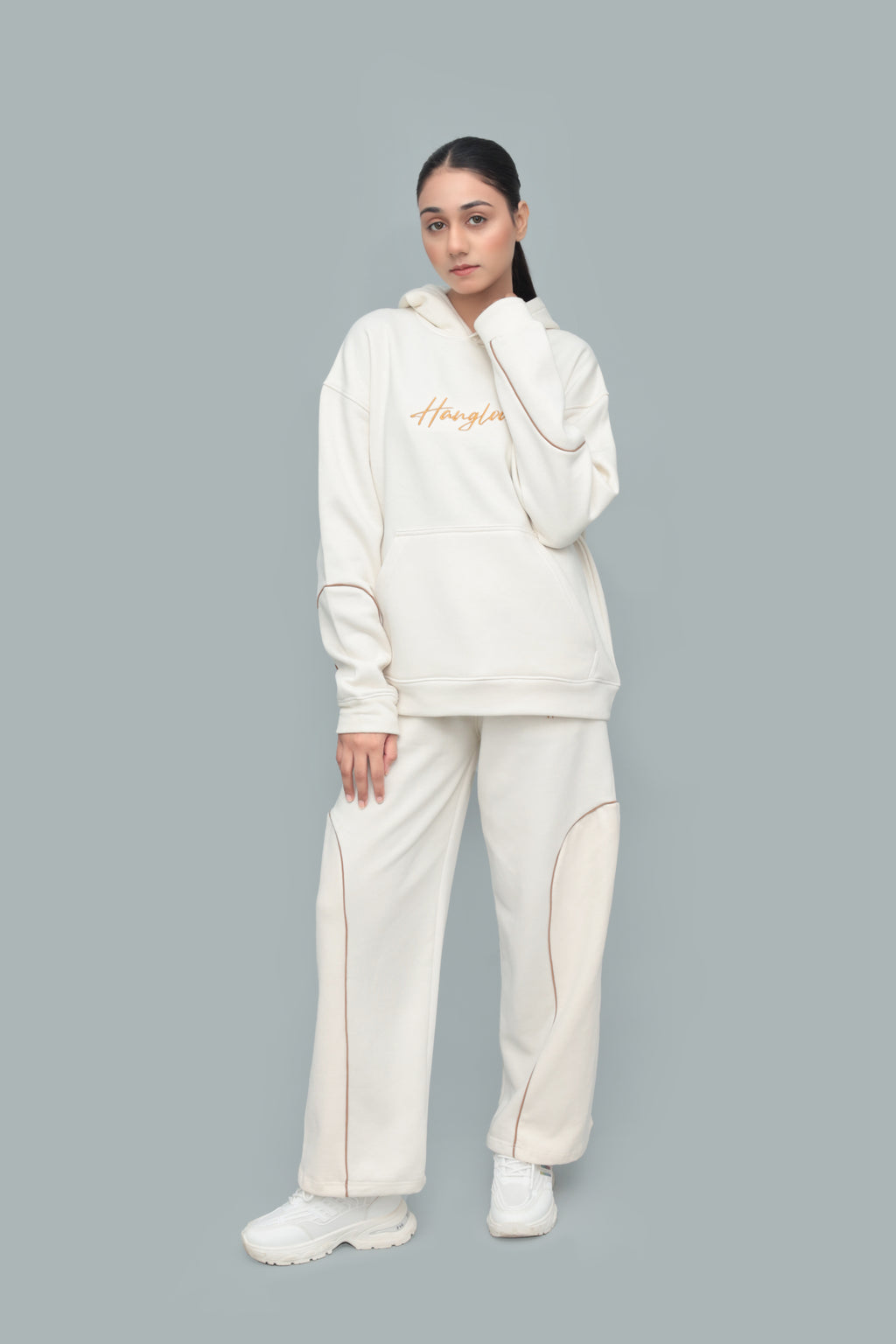 Beige Oversized Tracksuit – 320 GSM Cotton-Blend Fleece, Unisex Casual Streetwear | HANGLOOM