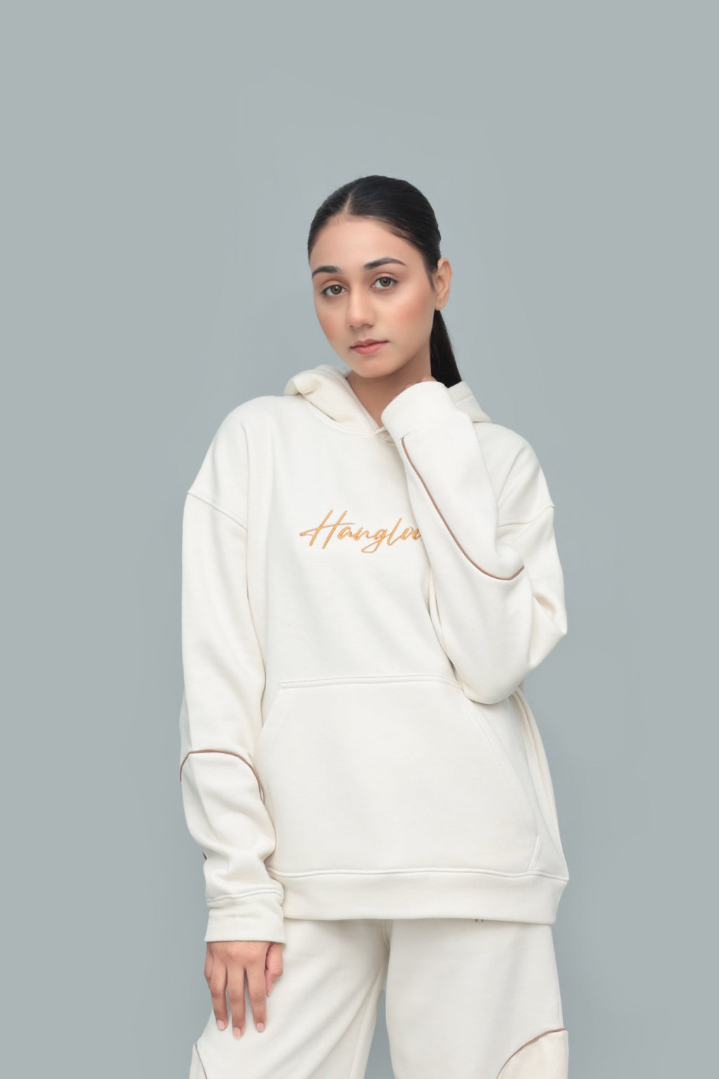 Unisex Beige Pullover Hoodie – 320 GSM Fleece, Embroidered Chest, Oversized Streetwear Fit | HANGLOOM