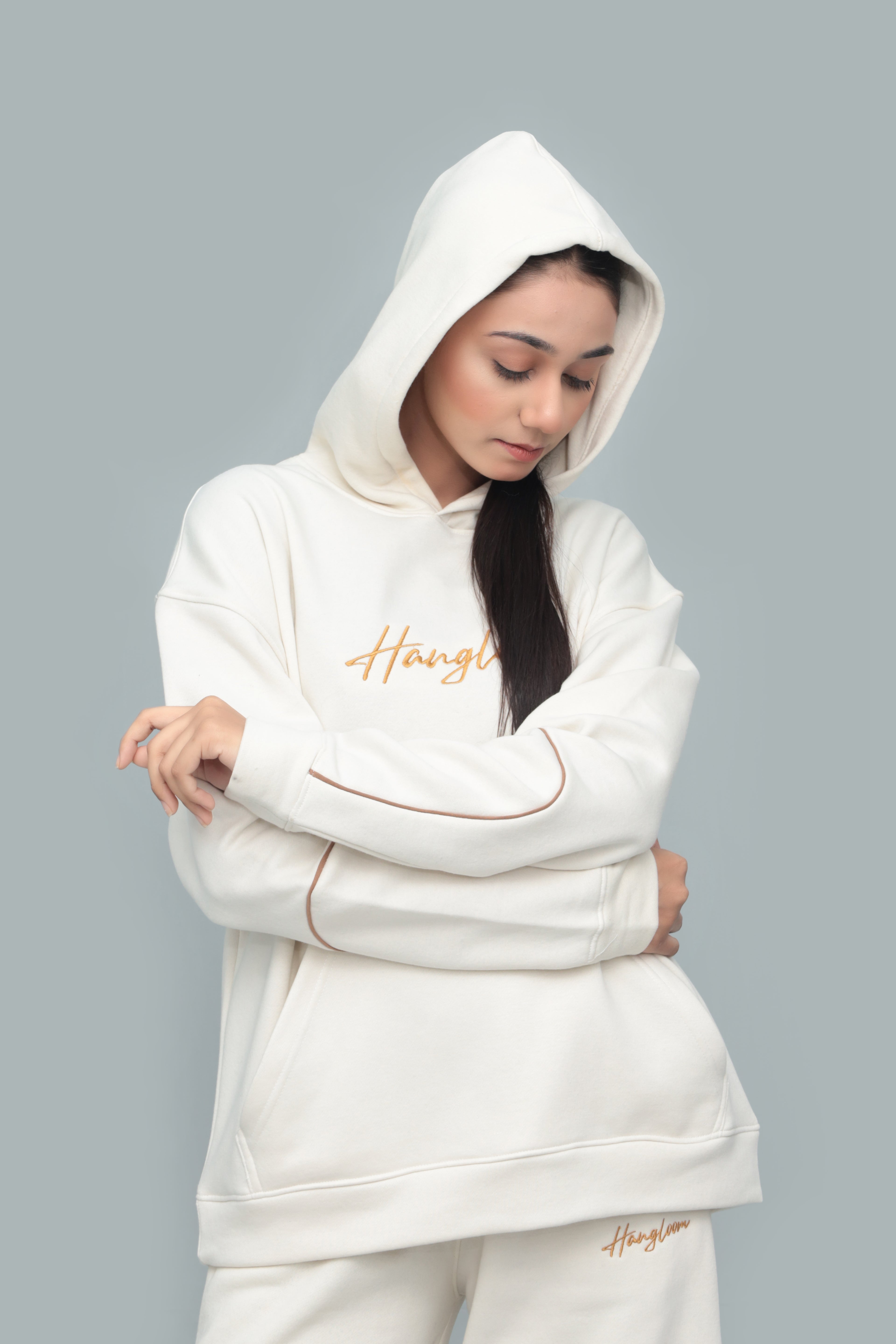 Beige Oversized Tracksuit – 320 GSM Cotton-Blend Fleece, Unisex Casual Streetwear | HANGLOOM