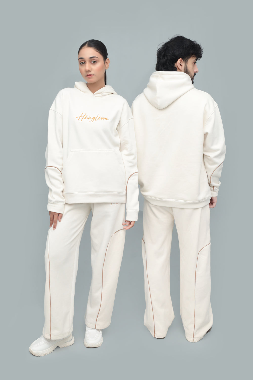 Beige Oversized Tracksuit – 320 GSM Cotton-Blend Fleece, Unisex Casual Streetwear | HANGLOOM