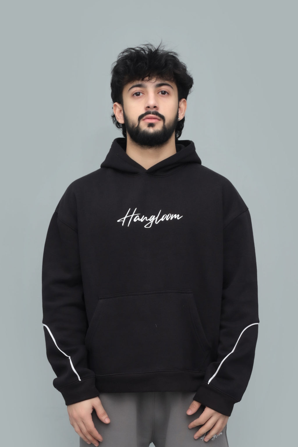 Unisex Oversized black Hoodie – 320 GSM Heavyweight Fleece, Embroidered Chest | HANGLOOM