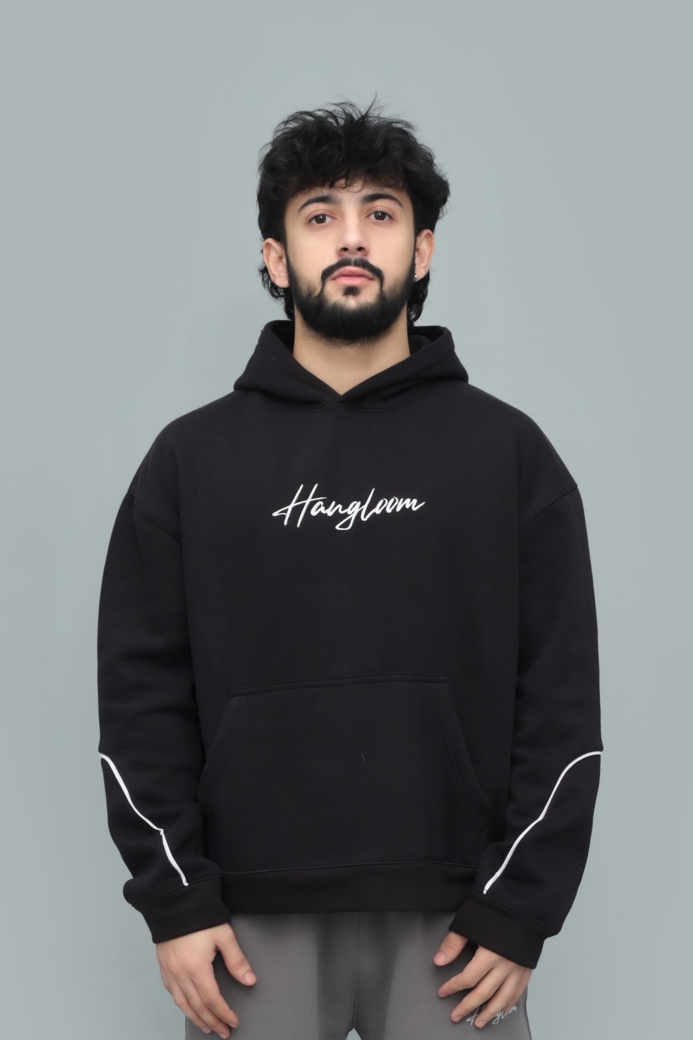 Unisex Oversized black Hoodie – 320 GSM Heavyweight Fleece, Embroidered Chest | HANGLOOM