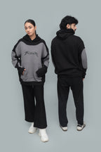Unisex Black Panelled Baggy Hoodie – 350 GSM Heavy Fleece, Oversized Streetwear | HANGLOOM