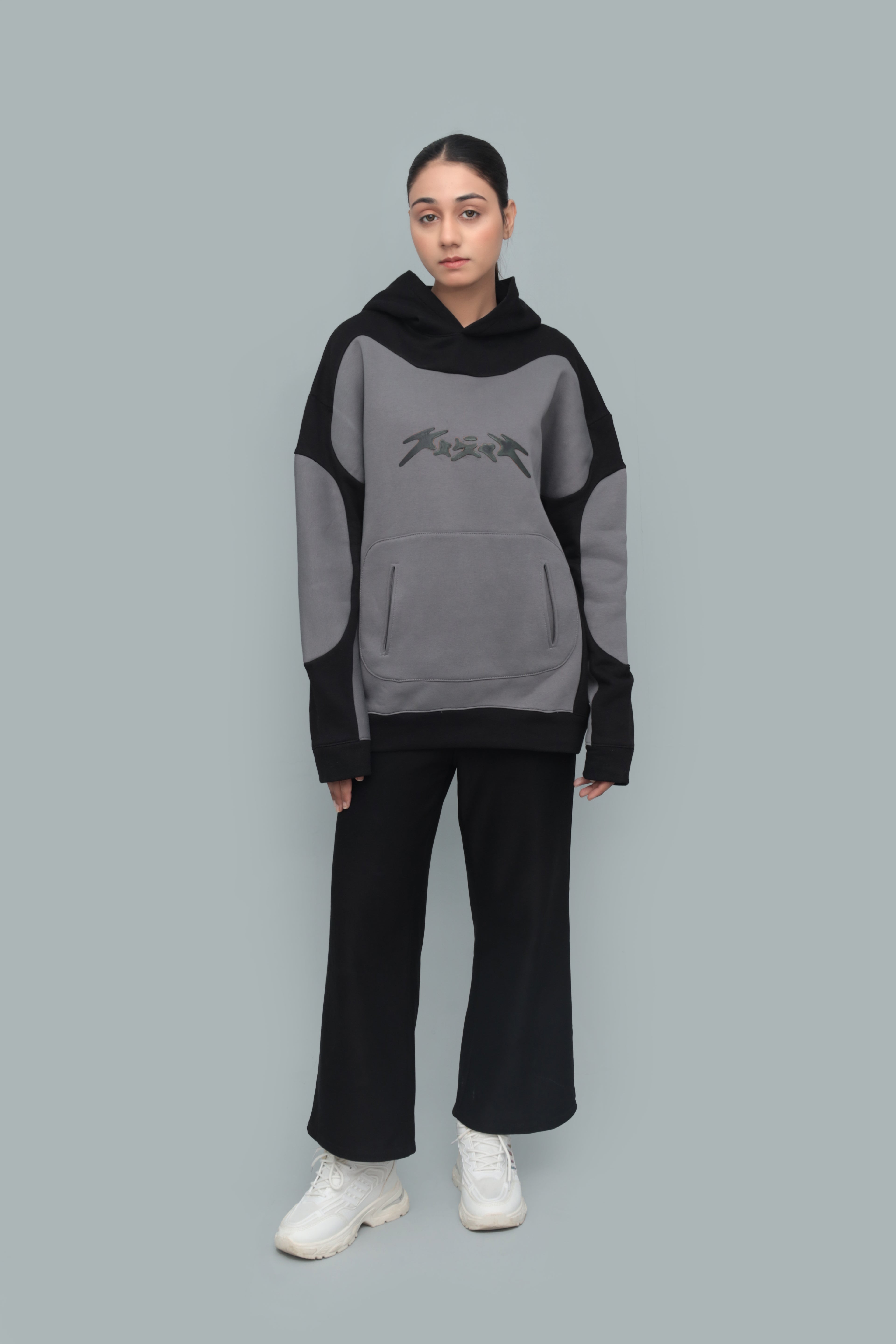 Unisex Black Panelled Baggy Hoodie – 350 GSM Heavy Fleece, Oversized Streetwear | HANGLOOM