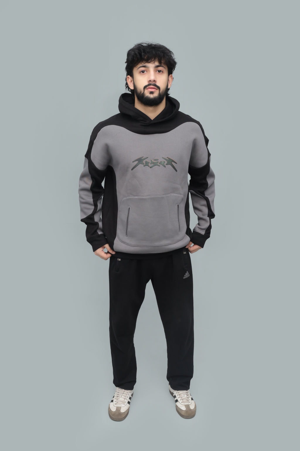Unisex Black Panelled Baggy Hoodie – 350 GSM Heavy Fleece, Oversized Streetwear | HANGLOOM