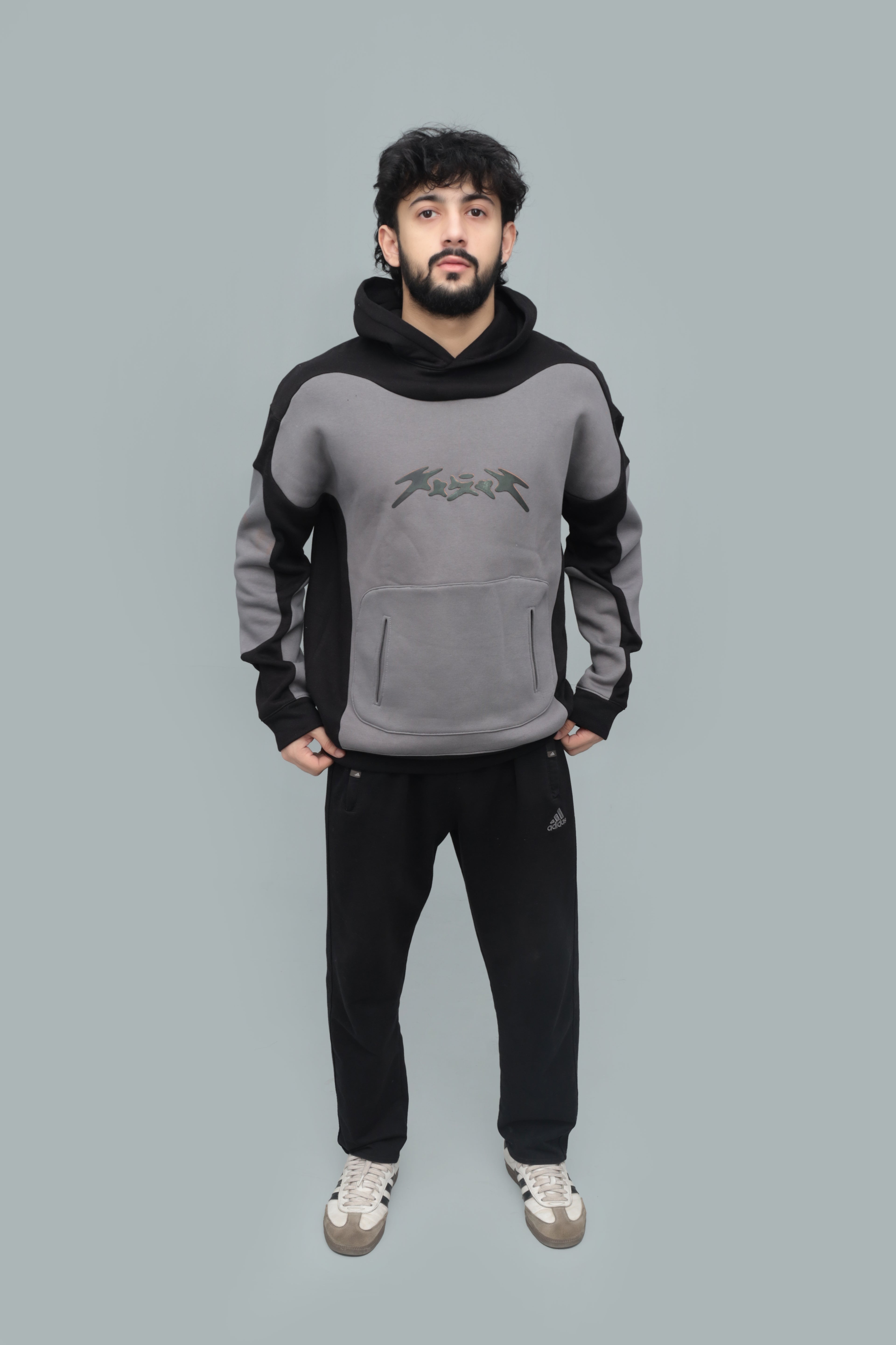 Unisex Black Panelled Baggy Hoodie – 350 GSM Heavy Fleece, Oversized Streetwear | HANGLOOM